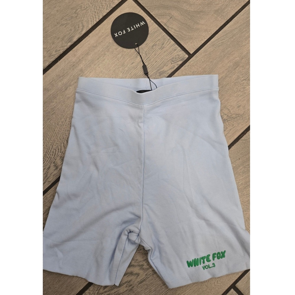 White Fox Boutique Offstage Ribbed Bike Shorts Arctic Blue Vol 3 Logo Small NWT